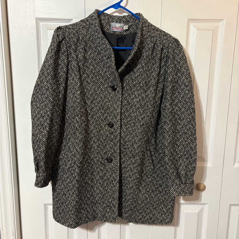 Stylish Black and Gray Herringbone Pea Coat, Size L
